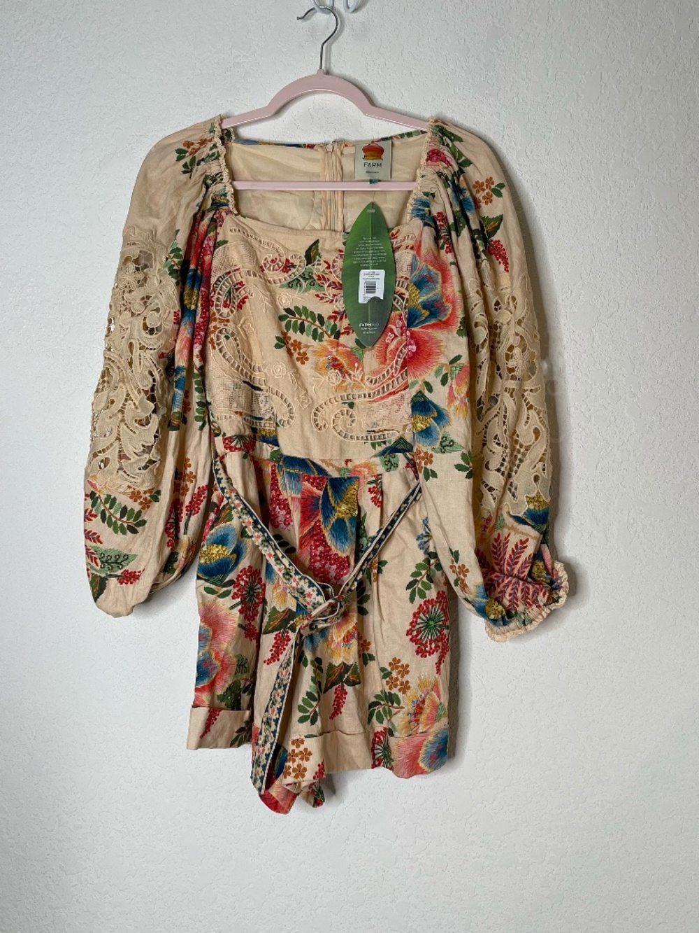 FARM Rio Delicate Garden Romper Size S Linen Blend Belted Balloon Sleeve NWTI